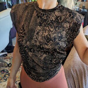 Scorpio Cap Sleeve Crop Top w/ Shoulder Padding -Tan Animal Print